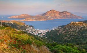 Wild poppy flowers on Fourni island and view of Thymaina island early in the morning, Greece. "n